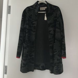 Anthropologie camo zipper wool overcoat with red stripe detail. S